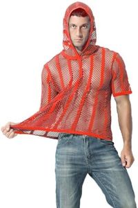 MUEBAIRES Men's Mesh Sheer Hooded Short Sleeve Top Fish Net Cool Slim Fit OrangeRed M