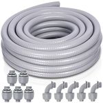 Feotech Liquid-Tight Conduit and Connector Kit - 1/2 Inch 25 FT Non Metallic Liquid Tight Electrical Conduit with 5 Straight and 5 Angle Fittings