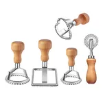 Ravioli Stamp Maker Cutter with Roller Wheel Set, Mold with Wooden Handle and Fluted Edge, Pasta Press Kitchen Attachment (3 Set) (4 Set and Cutter)