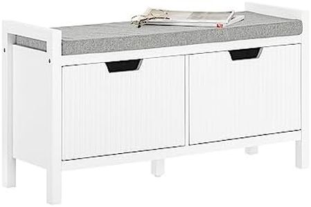 SoBuy FSR146-W Banco Zapatero con 2 Puertas con Rayas Verticales Armario Multifuncional para Entrada con Acolchado Cojín 91 x 30 x 50 cm Blanco ES