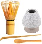 Zen Shi Fu Matcha Whisk Set 4 pcs-Handmade Bamboo Whisk(Chasen) and Traditional Tea Scoop, Matcha Spoon and Ceramic Whisk Holder - Matcha Kit Gifts, Japanese Tea Accessories for Tea Lovers