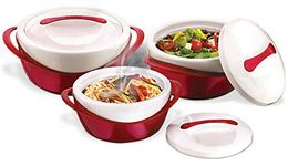 Pinnacle Insulated Casserole Dish with Lid 3 pc. Set 2.6/1.25/.6 qt. Elegant Hot Pot Food Warmer/Cooler - Large Thermal Soup/Salad Serving Bowl Stainless Steel, Best Gift Set for Moms, Holidays - Red