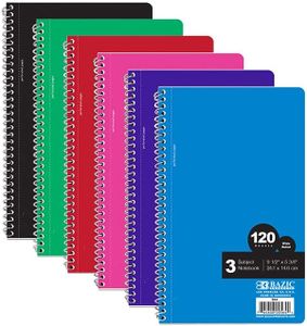 BAZIC Products Notebook Wide Ruled 3 Subject Spiral 120 Sheets Spiral Notebooks 9.5"x5.75", Journal Comp Lined Composition Notebook, Assorted Color, 24-Pack