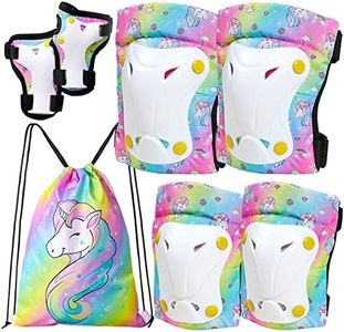 FIODAY Knee Pads for Kids Unicorn Knee Elbow Pads Wrist Guards with Drawstring Bag Adjustable Protective Gear Set for Girls Boys Inline Skating Bike Cycling Skateboard Scooter, 3-8 Years, Rainbow