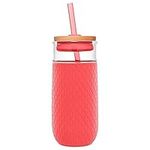 Ello Devon Glass Tumbler with Protective No Sweat Silicone Sleeve and Splash Proof Wooden Detail Lid with Straw, 18 oz