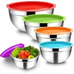 Homikit Stainless Steel Mixing Bowls with Airtight Lids, 5 Piece Nesting Salad Bowls for Space-Saving Storage, Metal Serving Bowl for Kitchen Baking/Cooking/Prepping, Size 0.7/1/1.5/2.6/4.6QT