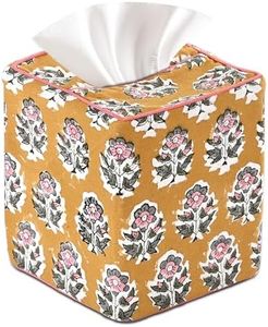 CPC Yellow Citrine Hand Block Printed Cotton Tissue Box Cover 5" x 5" x 5.5" Square Soft Reusable Boho Napkin Holder for Home Kitchen Dining Bathroom Office Cafe Spa Summer Thanksgiving