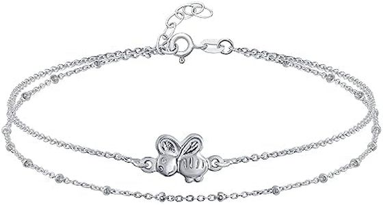 Queen Bumble Bee Charm Anklet Double Chain Ankle Bracelet for Women Wife Mother .925 Sterling Silver 9-10 Inch Adjustable