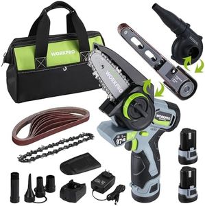 WORKPRO Cordless Detail Belt Sander, Mini Chain Saw, Electric Blower, 3-in-1 Power Tool Combo Kit, 12V, Powerful Brushless Motor, with 2 Batteries, Fast Charger and Storage Bag