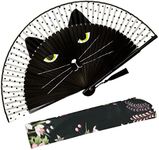 Zolee Small Folding Hand Fan - Chinese Japanese Vintage Bamboo Silk Fans - for Dance, Performance, Decoration, Wedding, Party, Gift (Black Cat) 0202