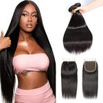 Selina, Brazilian Virgin Hair Straight, Three Part Closure, 3 Bundles With Closure, 100% Brazilian Hair, Unprocessed Human Hair Bundles With Lace Closure, 100G/Bundle(12” 14“ 16'' with 10" Closure)