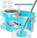 FunClean Spin Mop and Bucket,Mop and Bucket with Wringer Set for Home,360 Spinning Mopping Floor Cleaning Tool with 4 Microfiber Replacement Head Refills,61" Extended Handle, 2X Wheel - Blue