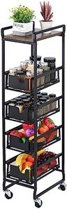 sourcing map 5-Tier Slim Rolling Cart with Drawers, Mobile Utility Cart on Wheels, Metal Storage Shelving Unit for Narrow Space Bathroom, Laundry, Living Room, Black