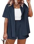 IN'VOLAND Womens Plus Size 2 Piece Outfits Short Sleeve Button-Down Shirts and Shorts Set Summer Beach Set Casual Tracksuits Loungewear Navy Blue,24W