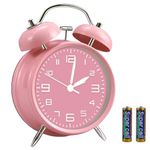 Loud Alarm Clock for Heavy Sleepers 3D Dial Battery Operated (Battery Include), 4" Alarm Clocks for Bedrooms, Classic Silent Non-Ticking Quartz Twin Bell Alarm Clock for Kids PT505 Pink