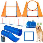 Handnam Dog Agility Course Backyard Set, Portable Agility Training Equipment for Dogs - 2 Agility Tunnel, 2 Jumps, 6 Weave Poles, Pause Box & More, Dog Obstacle Course Kit for Indoor and Outdoor