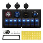 RVBOATPAT Marine Boat Switch Panel Waterproof 8 Gang 12V Rocker Switch Panel 12 Volt Toggle Switch Panel Blue LED Lighted for Automotive Car Truck, PN-L8S4-1