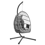SONGMICS Outdoor Hanging Egg Chair, Foldable Removable Basket, Height-Adjustable Swing Chair, Side Pocket, Cushion, for Living Room, Garden, Balcony, Grey GDC050GZ02