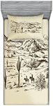 Ambesonne Western Fitted Sheet & Pillow Sham Set, Wild West Landscape Illustration Mountains Desert Plants Cowboys on Horses, Decorative Printed 4 Piece Bedding Decor Set, Twin, Beige Black