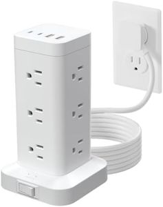 Tower Power Strip with PD 30W Fast-Charging Port, 12 Outlets, 4 USB Ports (2 USB-C), 1800J Surge Protector, Charging Station for Multiple Devices,15FT Extension Cord, White, Home Office Essentials