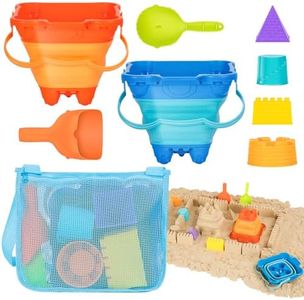 HUGCATY Beach Toys, Collapsible Sand Toys - 9pcs Sand Castle Building Kit: Foldable Sand Buckets, Shovels, Castle Molds & Packable Mesh Bag - Sandbox Toys for Toddlers, Kids Ages 3-12, Beach Travel