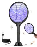 VIWAVE Electric Fly Swatter 4000V Fly Zapper Racket, Rechargeable Mosquito Bug Killer with 1800mAh Battery,USB Charging,Power Display,Stand Base, 3 Layer Mesh Electric Fly Bat for Indoor Outdoor Black