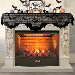 AerWo Halloween Decorations Indoor Fireplace Mantel Scarf, Black Lace Spiderweb Fireplace Cover for Halloween Mantle Decor Festive Party Supplies,20x79 inches