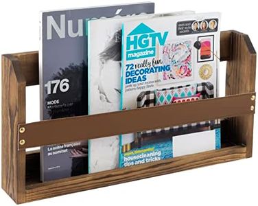 MyGift Wall Mounted Magazine Holder Rustic Burnt Solid Wood Double Wide Magazine Rack with Decorative Caramel Brown Leatherette Rail, Mid Century Organizer Storage Rack