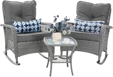 VONZOY Patio Furniture Set 3 Pieces, Wicker Outdoor Rocking Bistro Set with Thick Cushions, Outdoor Rocker Chairs and Coffee Table for Porch, Backyard or Garden (Grey)