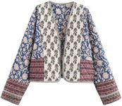 Flygo Women Cropped Puffer Jacket Cardigan Floral Printed Quilted Coats Lightweight Open Front Crop Padded Down Jackets(01Blue-L)