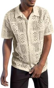 Mens Lace Sheer Button Down Shirt Floral Meshed Short Sleeves Knit Shirts Tee Top Openwork Beach Casual Vacation Light Yellow Small