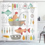 Ambesonne Nautical Decor Collection, Fishing Gear Fisherman in The Boat Catching Fish Rod Bobber Tackle Hook Clip Work Image, Polyester Fabric Bathroom Shower Curtain Set with Hooks, Light Salmon