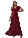 Ever-Pretty Women's V-Neck Short Sleeves Chiffon Floor Length Prom Evening Dress for Women Bridesmaid Burgundy 14UK