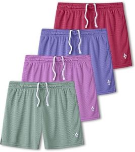 4 Pack: Girls Athletic Shorts with Pockets, 3" Dry Fit Running Shorts for Kids Teens Soccer Basketball, Red/Blue/Purple/Light Green, X-Large