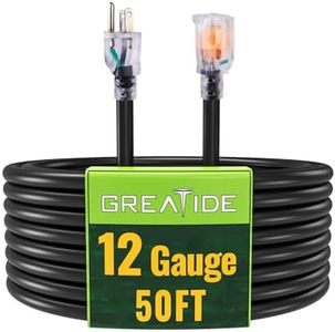 GREATIDE 50 Ft Lighted Outdoor Extension Cord - 12/3 SJTW Heavy Duty Black Extension Cable with 3 Prong Grounded Plug - 15 Amp Power Cord for Lawn, Garden, Appliances