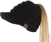 Funky Junque Women's Beanie Ponytail Messy Bun BeanieTail Solid Ribbed Hat Cap, Black - Brim, One Size