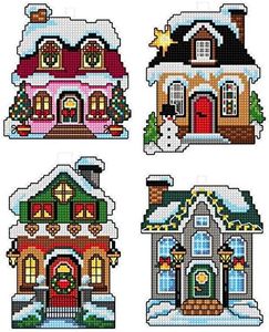 Counted Cross-Stitch Kit on Plastic Canvas with Winter Houses. 4 Christmas Ornaments Different Dimensions 112CS. Perfect for Art & Craft Amateurs