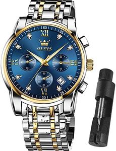OLEVS Watches for Men Water Resistant Big Face Silver and Gold Blue Large Watch for Men Stainless Steel Metal Band Bracelet Original Luxury Chrono Classy Watches Chronograph Analog Waterproof Adjustable Two Tone relojes para hombres Wristwatch