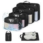 SDYSM Compression Packing Cubes 6 Set Waterproof Travel Luggage Organizer Large Travel Cubes for Packing Clothes Compressible Packing Cube Suitcase Organizer Bags with Shoe Bag, Laundry Bag Black