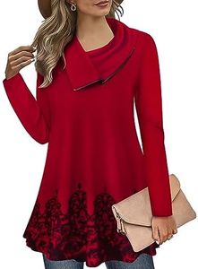 Miusey Modlily Tops for Women Tummy Coverage Dressy Tunics for Leggings Christmas Shirts Long Sleeve Cowl Neck Tunic Tops Loose Fit Red Flower Small