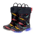 EUXTERPA Black Dinosaur Winter Warm liner Kids Wellies, Waterproof Boys Girls Wellies Wellingtons, Handle it Slip-on Kids Wellies Size 10 UK Child