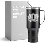Personalized Coffee Mug with Initial J, Monogrammed Travel Tumbler for Him, Custom Cups, Unique Birthday Christmas Gifts for Men who Have Everything, 40 oz Insulated Travel Cup with Handle
