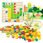 120 PCS Wooden Puzzle Blocks, Commodum Colorful Shape Pattern Montessori Tangram Educational Toys, Kindergarten Classic Educational Geometric Blocks with Cards Puzzles Toys Gifts for Kids Ages 3+