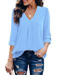 Youtalia Plus Size Tunic Blouses for Leggings, Women's Tops 3/4 Cuffed Sleeve Chic V Neck Blouse Front Pleated Loose Fit Chiffon Top Light Blue X-Large