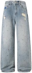 Aelfric Eden Rhinestone Wide Leg Jeans High Waisted Loose Streetwear Straight Baggy Denim Pants Vintage Y2K Trousers Blue