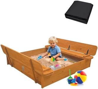 RUNSHED Wooden Sandbox for Outdoor Backyard, 48x48in Large Sand Box with Canopy for Aged 3-12 Years Old, Kid Sand Pit with 2 Foldable Bench Retractable Roof Bottom Liner (Simple Version-Brown)