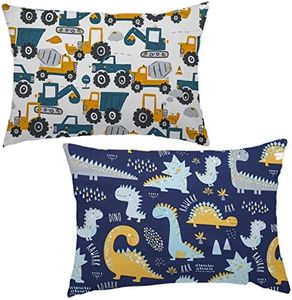 Baby Toddler Pillowcase, 2 Pack 100% Soft Cotton Cot Bed Pillow Pair Cases for Boys Girls Bedding, Kids Pillow Covers 40 x 60cm, Travel Small Pillow Pillowcase with Envelope Closure (Dinosaur+Tractor)