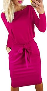 PRETTYGARDEN Women's Fall Bodycon Party Dress Casual Long Sleeve Tie Waist Fitted Sheath Pencil Dresses with Pockets (Rose Red,X-Large)