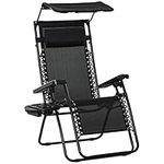 Outsunny Zero Gravity Garden Deck Folding Chair Texteline Patio Sun Lounger Reclining Seat with Cup Holder & Canopy Shade - Black