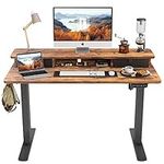 FEZIBO Height Adjustable Electric Standing Desk with Double Drawer, 120 * 60cm Stand Up Table with Storage Shelf, Sit Stand Desk with Splice Board, Black Frame/Rustic Brown Top